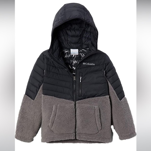 Columbia Powder Lite Novelty Omni-Heat Black and Gray Boys Hooded Jacket - Picture 1 of 15